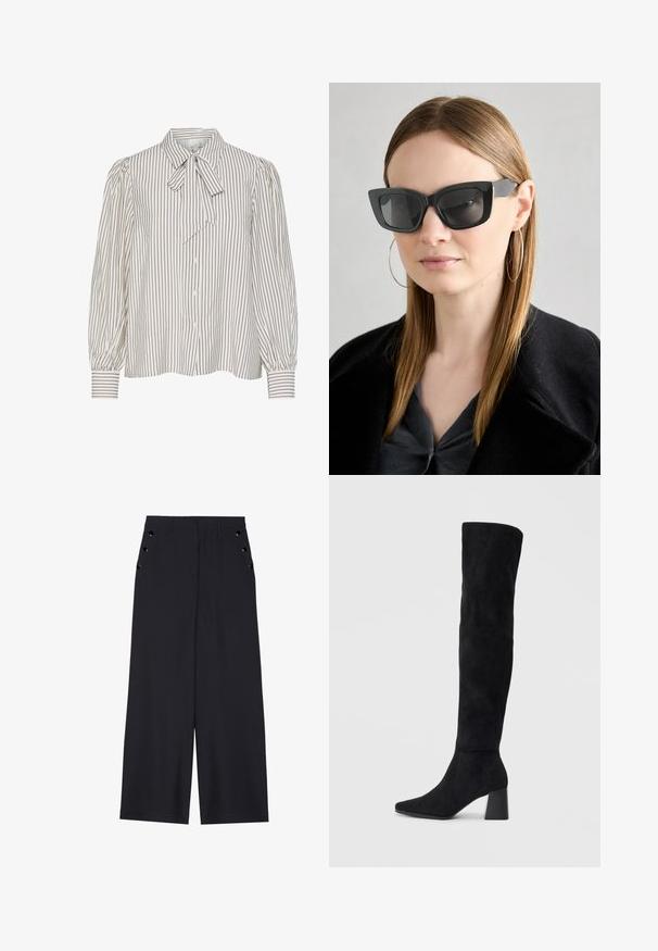 Marškiniai su užsegimu, pasižymintys vertikaliomis baltomis ir burgundiškomis juostelėmis, kaklo raišteliu ir surinktomis pūstomis rankovėmis, turinčiomis lygią tekstūrą.; Platus kojas kelnes tamsiai mėlynos spalvos audiniu, pasižyminčiu lygiu paviršiumi, su priekine kloste ir dekoratyviais auksinės spalvos žiedais šonuose esančiose kišenėse.; Juoda zomšinė kelio ilgio batai su blokuotu kulnu, smailiu nosiu ir lygiu, be siūlių dizainu ant paprastos šviesios fono.; Juodos katės akies saulės akiniai su tamsiais objektyvais, storo rėmo ir subtiliais akcentais. Dėvimi su juodu paltu ir pilku viršumi, turinčiu ilgus tiesius plaukus.