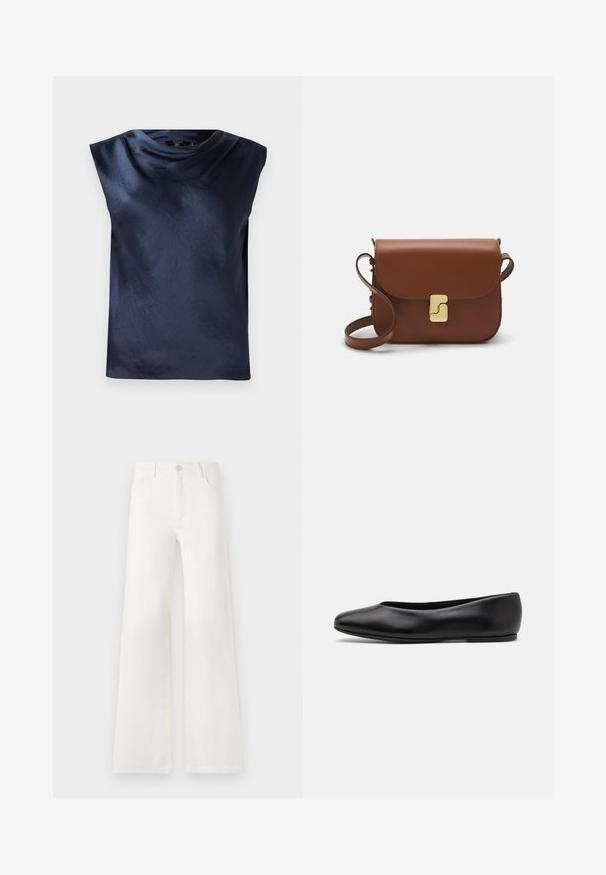 Marineblauwe mouwloze top met een kraagontwerp, gemaakt van een gladde, lichtglanzende stof, met een relaxte pasvorm en geen zichtbare hardware.; Witte, hoogwaist, wijde jeans van denim. Heeft een knoopsluiting, twee voorkruiszakken en zijnaadstiksel details.; Paul Smith TOPANGA - Ballerina's - black; Bruine leren handtas met een klep sluiting, gouden hardware, een schouderband en een gladde textuur. Compact rechthoekige vorm.