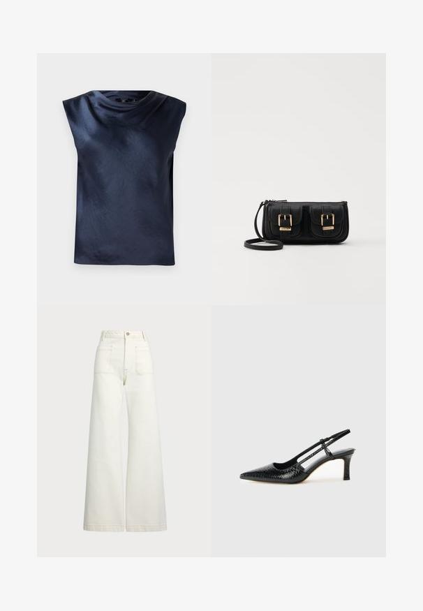 Námornícky modrý top bez rukávov s návrhom s cowl krkom, vyrobený z hladkej, mierne lesklej látky, s uvoľneným strihom a bez viditeľných kovových súčiastok.; Džínsy s širšími nohavicami v off-white denim. Vysoký pás s gombíkovým zapínaním, dve predné vrecká a kontrastné švy.; Čierne patentové slingback topánky na ihlovom podpätku s špicatou špičkou, s textúrovaným hadím vzorom, nastaviteľným popruhom a krátkym, textúrovaným blokovým podpätkom.; Čierna kožená crossbody taška s dvoma prednými vreckami, zlatými sponami, zipsovým uzatváraním a úzkym popruhom. Štruktúrovaný povrch a kompaktný obdĺžnikový tvar.