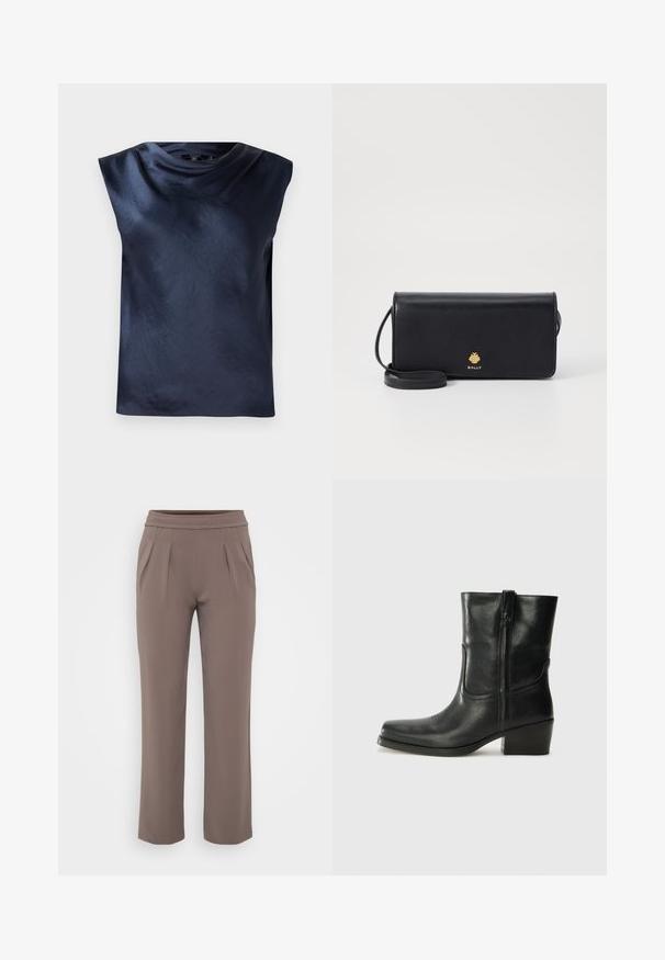Top senza maniche di colore blu navy con un design a collo drappeggiato, realizzato in tessuto liscio e leggermente lucido, con una vestibilità rilassata e senza hardware visibile.; Pantaloni taupe a vestibilità ampia con elastico in vita e pieghe frontali, realizzati in tessuto morbido.; Stivale ankle in pelle nera con punta arrotondata, tacco a blocco, cerniera laterale e dettagli in cucitura sulla tomaia. Texture liscia, design classico.; Portafoglio in pelle nera con una forma rettangolare slim, caratterizzato da un logo dorato. Include una tracolla staccabile per una maggiore comodità nel trasporto.