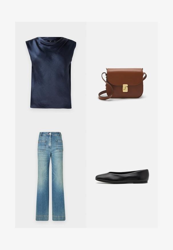 Tumedas sinine ilma varrukateta topp, mis on varustatud kumerate kaeluse disainiga, valmistatud siledast, veidi läikivast kangast, millel on lõdvestunud istuvus ja ilma nähtavate detailideta.; Heledad sinine denimist laienevad teksad viie tasku, vöödega, nööbiga kinnitusega ja kergelt tuhmise tekstuuriga, tagaküljel punane logo detail.; Paul Smith TOPANGA - Baleriinad - black; Pruunist nahast käekott, millel on klapiga sulgur, kuldne riistvara, õlarihm ja sile tekstuur. Kompaktne ristkülikukujuline vorm.