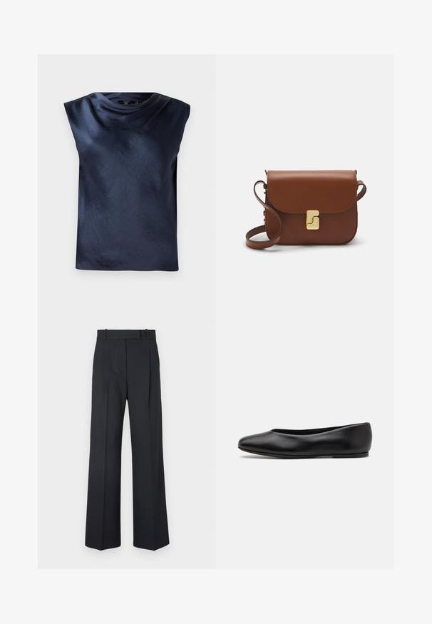 Haut sans manches bleu marine avec un design à col drapé, fabriqué en tissu lisse et légèrement brillant, présentant une coupe décontractée et sans éléments métalliques visibles.; Pantalons rayés bleu foncé à taille haute, avec une coupe large et sans matériel ni embellissements visibles. Texture lisse et ajustement ajusté.; Paul Smith TOPANGA - Ballerines - black; Sac à main en cuir marron avec une fermeture à rabat, des accents en métal doré, une bandoulière et une texture lisse. Forme rectangulaire compacte.