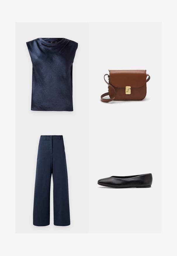 Laine sininen hihaton paita, jossa on kaunis kaulahihna, valmistettu sileästä, hieman kiiltävästä kankaasta. Paita on rento malli eikä siinä ole näkyviä metalliosia.; Laivastonsiniset leveälahkeiset housut, jotka on valmistettu sileästä kankaasta, ja joissa on korkea vyötärö, kaksi etunappia, kaksi sivutaskua ja suorat lahkeet.; Paul Smith TOPANGA - Ballerinat - black; Ruskea nahkainen käsilaukku, jossa on läppäkiinnitys, kultasävyiset yksityiskohdat, olkahihna ja sileä pinta. Kompaktin suorakaiteen muotoinen.
