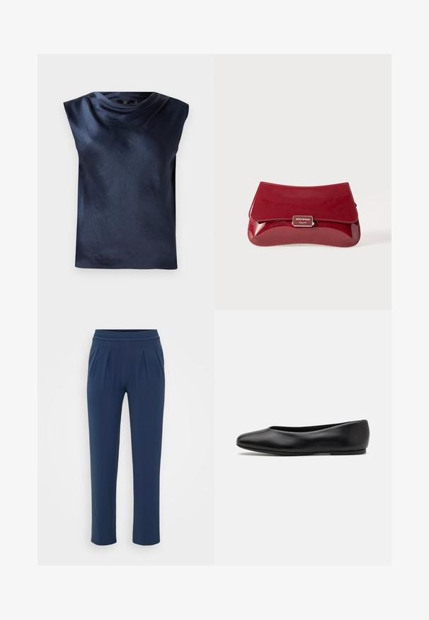 Marineblå nær-udenær sleevless top med en cowl neck design, lavet af glat, let skinnende stof, med en afslappet pasform og ingen synlig hardware.; Marineblå højtaljede bukser med elastisk talje, lige brede ben og sidelommer, præsenteret mod en ensfarvet baggrund.; Paul Smith TOPANGA - Ballerinasko - black; Rød lakeret læder clutch-taske med en buet design, fold-over låg og en metallet logo accent på en sølvplade. Glat, skinnende overflade.