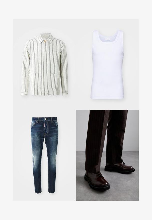 Stribet jakke i creme og marineblå, lavet af letvægtsstof. Har en krave, knaplukning og to frontlommer.; Hvid bomulds ærmeløs tanktop med rund halsudskæring, der har en glat tekstur og en tætsiddende pasform, designet til casual brug.; Mørkeblå denim jeans med slim fit, med udvaskede områder på lårene og knæene, fem lommer og metalknaplukning.; Brune læder snørebåndssko med en glat finish, sort gummisål og diskret syning. Båret med brune bukser med striber.