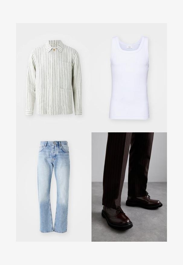 Gestreifte Jacke in Creme und Marine, aus leichtem Stoff gefertigt. Verfügt über einen Kragen, eine Knopfleiste und zwei frontale Taschen.; Weißes Baumwoll-Top ohne Ärmel mit rundem Ausschnitt, ausgestattet mit einer glatten Textur und einer figurbetonten Form, ideal für die Freizeit.; Helle blaue Jeans mit geradem Schnitt. Verfügt über ein Fünf-Taschen-Design, einen Knopfverschluss und eine ausgewaschene Textur zum unteren Bereich hin.; Braune Leder Schnürschuhe mit glänzender Oberfläche, schwarzer Gummisohle und dezenten Nähten. Getragen mit braunen Angabenhosen mit Nadelstreifen.