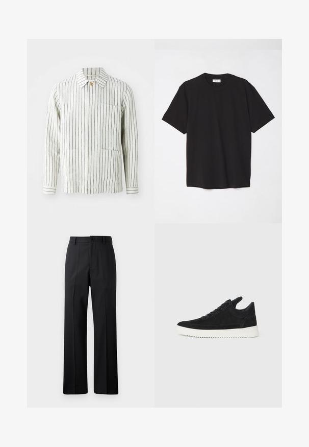 Veste rayée en crème et marine, fabriquée en tissu léger. Comprend un col, une fermeture à boutons et deux poches avant.; T-shirt en coton noir avec un col ras du cou, des manches courtes et une coupe décontractée. Design simple, texture lisse, sans motifs ni logos visibles.; Pantalon noir à jambes droites avec passants de ceinture, bouton avant et fermeture éclair, présenté sur un fond blanc uni.; Baskets en daim noir avec une semelle en caoutchouc blanc, présentant des coutures tonales et un design lacé. Texture lisse avec une forme moderne et épurée.