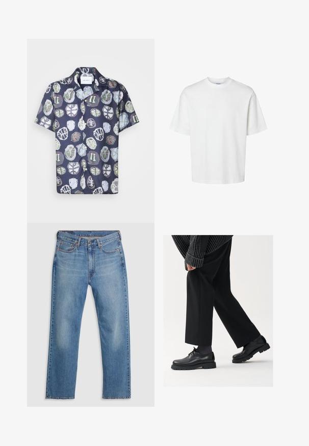 Trumpas rankovės, tamsiai mėlynas marškinys su spalvinga, abstrakčia apvalia raštų kompozicija, sudaryta iš įvairių formų. Pagamintas iš lengvos medžiagos, su laisvu kirpimu.; Balta medvilninė marškinė su trumpomis rankovėmis, apvaliu iškirpimu ir laisvu siluetu. Lygus paviršius be matomų raštų ar akcentų.; Mėlyni tiesaus silueto džinsiniai kelnių su priekinėmis sagomis ir užtrauktuku, diržo kilpos ir penkių kišenių dizainas ant balto fono.; Juodos odinės kojinės su apvalia nosimi, raištelių dizainu ir storu, tekstūriniu padu. Dėvimos su pritaikytomis juodomis kelnėmis ir liniuotėmis megztiniu.
