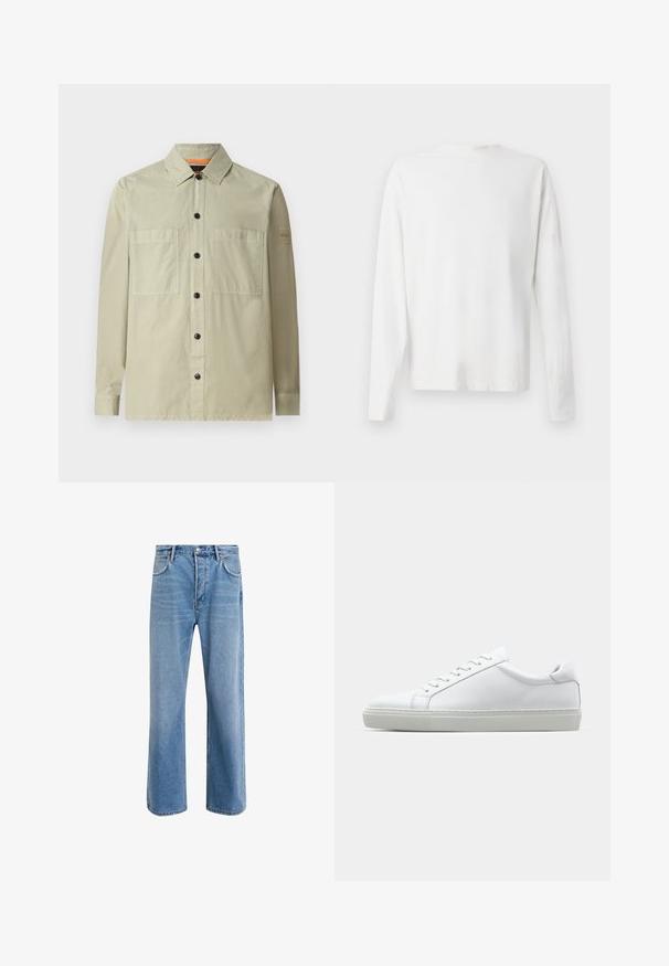 Svetlo zelena srajčna jakna iz gladkega materiala; ima dva sprednja žepa, črne gumbe in majhno logotipno nalepko na rokavu.; Bela bombažna srajca z dolgimi rokavi in okroglo ovratnikom, z bočnimi razporki na dnu in gladko teksturo, prikazana s hrbtne strani.; Svetlo modre denim kavbojke s ravno nogavico, petimi žepi, z gumbom za zapiranje, minimalnim zbledelostjo in kontrastnimi šivi.; Bela športna obutev z gladkim usnjenim zgornjim delom in nizkim profilom. Ima zaokrožen nos, šest lukenj za vezalke in teksturiran gumijast podplat.