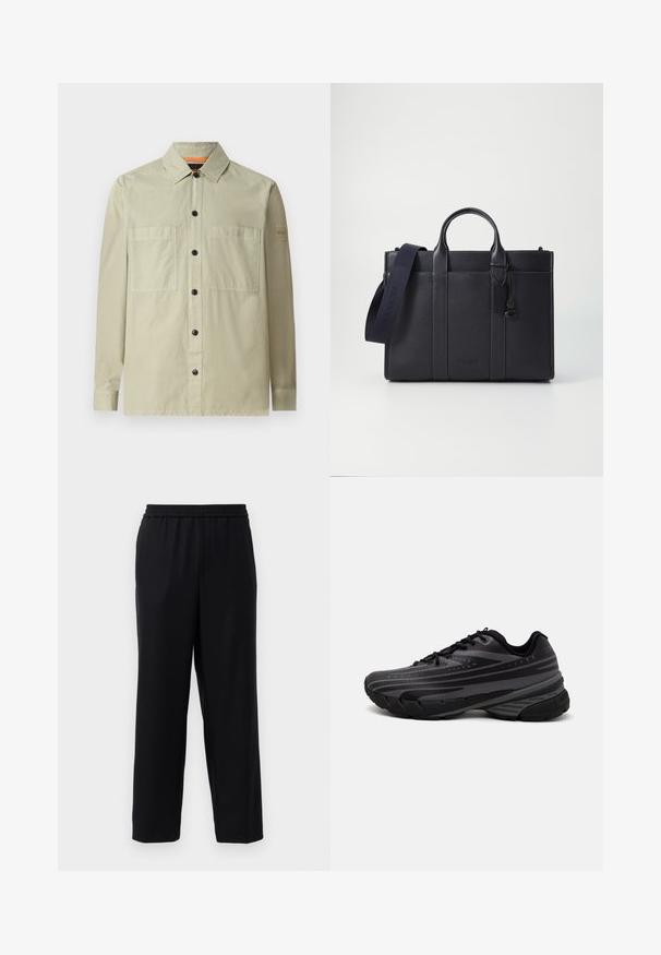 Lichtgroene shirtjack gemaakt van gladde stof; heeft twee voorzakken, zwarte knopen en een klein logo-optrag op de mouw.; Zwarte broek met een elastische tailleband, recht gesneden ontwerp en een gladde, lichte stof. Geen zichtbare zakken of patronen.; Zwarte hardloopschoen met een gestructureerde bovenkant met grijze strepen. Dikke zool voor demping, ronde neus en platte veters voor een veilige pasvorm.; Donkerblauwe leren aktetas met dubbele bovenhandgrepen en een afneembare schouderband. Kenmerkt zich door een gestructureerde afwerking, verticale stiksels en een logo-detail.