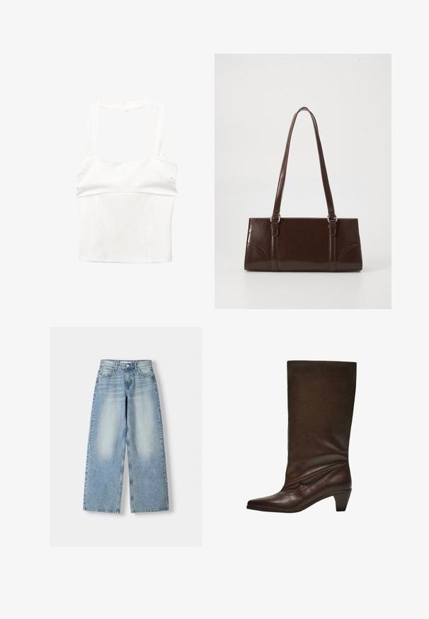 Valkoinen lyhyt toppi leveillä olkaimilla ja tiukalla vartalolla. Valmistettu sileästä kankaasta, ja siinä on siisti, minimalistinen muotoilu ilman näkyviä kiinnityksiä.; Vaaleansininen farkkukangas, leveälahkeiset farkut, joissa on korkea vyötärö, haalistunut pinta, viisi taskua ja suora leikkaus.; Ruskean nahkasaapas nilkkamittaisella, teräväkärkisellä, laskostetulla muotoilulla ja kapenevalla kantapäällä. Tasaisen sileä pinta ilman kuvioita tai lisävarusteita.; Ruskea patentoitu nahkalaukku, jossa on suorakaiteen muotoinen malli, kaksi pitkää kantohihnaa ja hienovaraiset kaarevat yksityiskohdat etuosassa.