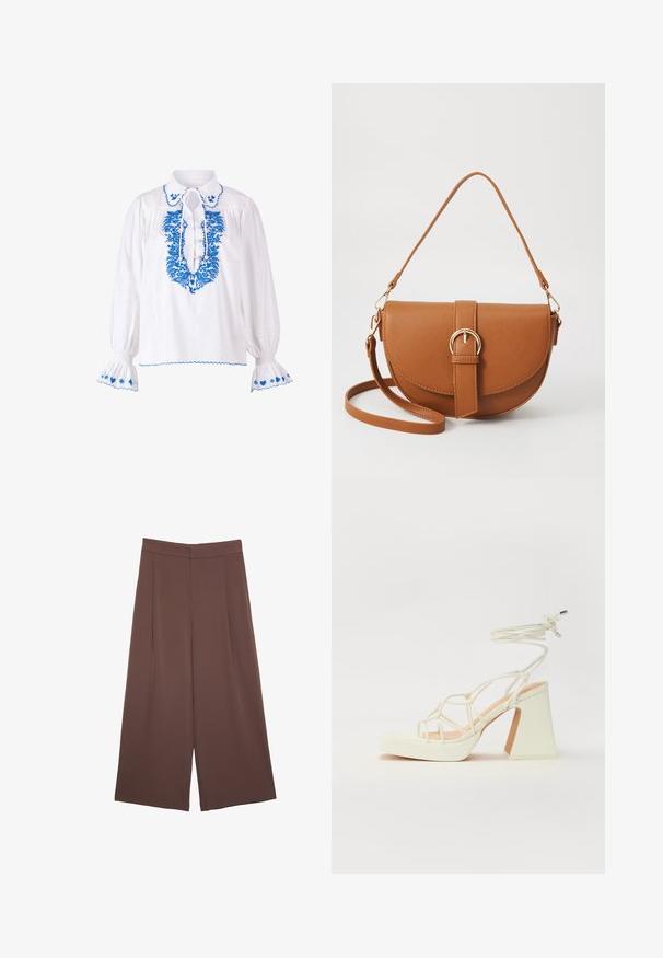 Weißes Blusenshirt mit blauer Stickerei am Halsausschnitt und den Ärmeln, mit Krawatten-Detail am Kragen und puffärmel.; Braune Weite-Leg-Hosen mit einer glatten Textur, hoher Taille und Vorderfalten. Der Stoff ist leicht und fällt locker.; Weiße High-Heel-Sandale mit einem klobigen Absatz, die über ein Riemchendesign und ein Knöchelband verfügt. Glatte Textur mit einer Plattform vorne für zusätzliche Höhe.; Braune Leder-Crossbody-Tasche mit geschwungener Form, goldfarbenen Beschlägen und einer Schnallenakzentuierung. Verfügt über einen abnehmbaren Schultergurt.