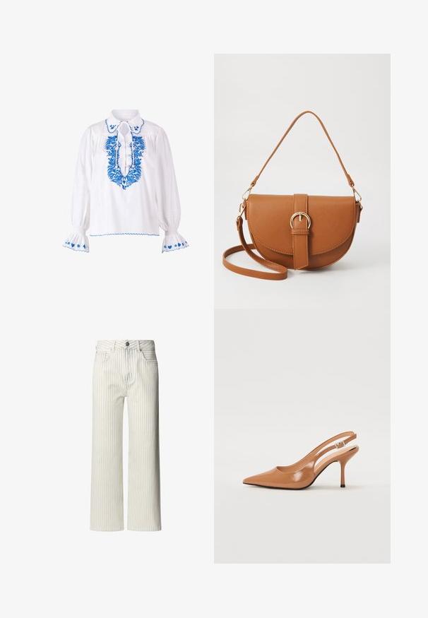 Witte blouse met blauwe borduursels rond de halslijn en mouwen, met een strikdetail bij de kraag en puffmouwen.; Lichtgekleurde broek met wijde pijpen en verticale strepen, gemaakt van katoen. Voorzien van een knoopsluiting en riemlussen.; Puntige slingback hak in een glad, glanzend beige materiaal. Bevat een gebogen uitsnijdontwerp en een slanke stiletto hak. Zilveren gesp detail.; Bruine leren schoudertas met een gebogen vorm, gouden hardware en een gespaccent. Bevat een afneembare schouderriem.