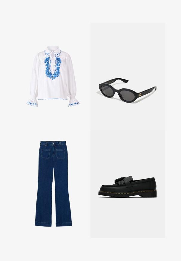 Blusa bianca con ricami blu attorno al collo e alle maniche, con un dettaglio a fiocco al colletto e maniche a palloncino.; Jeans a zampa d'elefante in denim di colore blu scuro, con una consistenza liscia, design a cinque tasche e chiusura a bottone in vita.; Mocassino in pelle nera con nappine, cuciture gialle lungo la suola e una suola in gomma spessa e rigata.; Occhiali da sole neri a forma ovale con lenti scure e montatura in plastica lucida. Presentano un logo dorato sulla stanghetta, offrendo un design elegante e moderno.; Borsa a mano nera in pelle con forma rettangolare, accessori in oro, patta frontale e accentuazione con logo circolare. Presenta una sola tracolla regolabile.