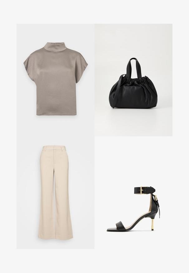 Top a maniche corte con collo alto in morbido tessuto taupe. Presenta una silhouette rilassata con una consistenza liscia e una chiusura con bottone sul retro.; Pantaloni beige a gamba larga con una texture liscia, caratterizzati da una vita alta e due tasche frontali. Design pulito con una vestibilità sartoriale.; Sandal con tacco in pelle nera, punta quadrata, cinturino alla caviglia con fibbia dorata e tacco metallico slanciato. Texture liscia, design minimalista.; Borsa a tracolla in pelle nera con design a cima arricciata, dotata di due manici corti e di una lunga tracolla regolabile. Texture liscia, forma arrotondata.