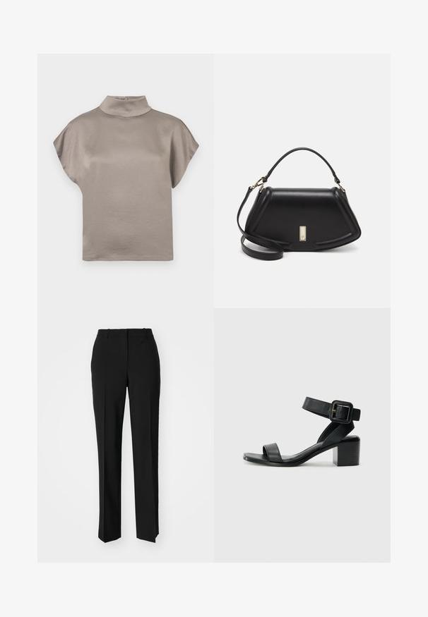 Top a maniche corte con collo alto in morbido tessuto taupe. Presenta una silhouette rilassata con una consistenza liscia e una chiusura con bottone sul retro.; Pantaloni neri su misura con un design a gamba dritta, caratterizzati da una texture liscia e pieghe ben definite sul davanti. Senza hardware visibile.; Sandalo con tacco in pelle nera, con cinturino alla caviglia regolabile, design open toe e tacco quadrato. Texture liscia, stile minimalista.; Borsa a mano in pelle nera con un design strutturato, caratterizzata da una forma corta, manico superiore e accessori in metallo dorato. Inclusa tracolla regolabile.