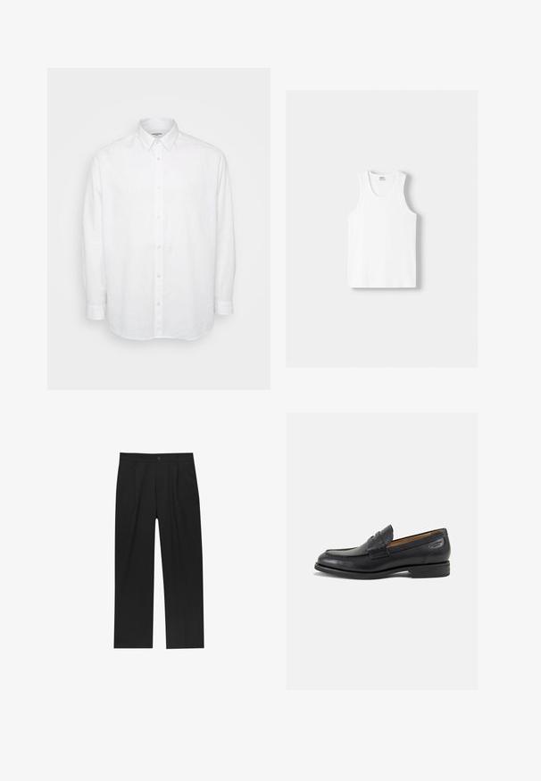Bijela košulja dugih rukava od lagane lanene tkanine, s kragnom na gumb, prednjim gumbima i opuštenim krojem s manžetama.; Bijeli pamučni majica bez rukava s okruglim izrezom, širokim naramenicama i ravnim rubom, s glatkom teksturom i bez vidljivih uzoraka.; Crne hlače ravnog kroja, izrađene od glatkog materijala. Imaju prednje nabore i jedan dugme na struku.; Crne kožne loferice s glatkom površinom, zaobljenim vrhom i dekorativnim šavom na gornjem dijelu. Nizak potplat s malim potpeticama i blagi sjaj.