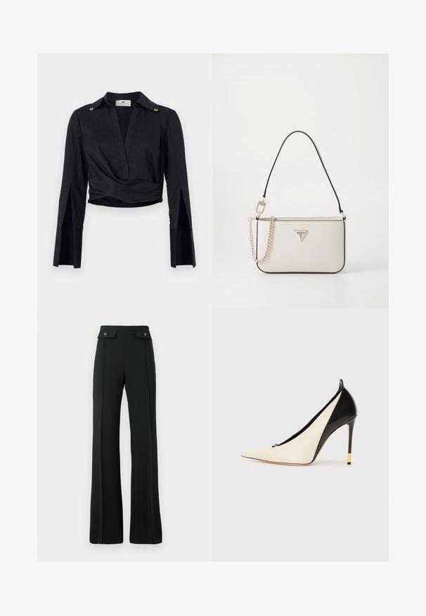 Crna skraćena košulja s V-izrezom, prednjim dugmetima i dugim rukavima. Sadrži zlatne detalje na ramenima i uvijeni dizajn u području struka.; Crne hlače s visokim strukom i širom nogavicom, s detaljima na prednjem šavu i dva džepa s preklopom ukrašena zlatnim gumbima na struku.; Cipele na visokoj peta s špicastim prstom, izrađene od crne lak kože i kremaste kože. Imaju zlatno ukrašen petu i elegantan dizajn.; Bijela teksturirana torba s crnim obrubom, koja ima zlatnu lančanu naramenicu, odvojivu naramenicu i trokutasti logo akcent.