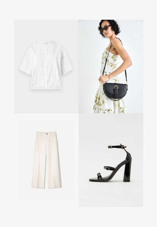 Valkoinen paita lyhyillä hihoilla, edessä napitus, pleatattu muotoilu ja tekstuurinomainen sauman yksityiskohta hartioilla. Kevyt kangas.; Kerman leveletut housut räätälöidyllä designilla, joissa on kaksi etutaskua ja yksi etunapituksilla, valmistettu sileästä kankaasta.; Musta kiiltäväpintainen korkokengät, joissa on kaksi solkikiinnitystä, neliönmuotoinen kärki ja paksu korko, sileällä, kiiltävällä pintarakenteella.; Musta nahkainen käsilaukku, joka on kaareva muotoilultaan, irrotettavalla hihnalla ja kultaisilla yksityiskohdilla. Laukussa on läppä, jossa on solk yksityiskohta.