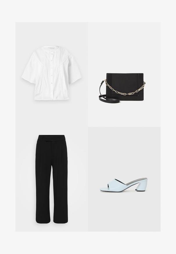 White blouse with short sleeves, front button closure, pleated design, and textured seam detailing along shoulders. Lightweight fabric.; Black wide-leg pants made of a smooth fabric, featuring a flat front, belt loops, and no visible pockets. Clean, tailored design.; Light blue open-toe heeled mules with a geometric design, featuring a wide strap across the foot and a chunky, angular heel.; Black leather crossbody bag featuring a smooth texture, rectangular shape, and a metallic chain detail on the front. Adjustable strap included.