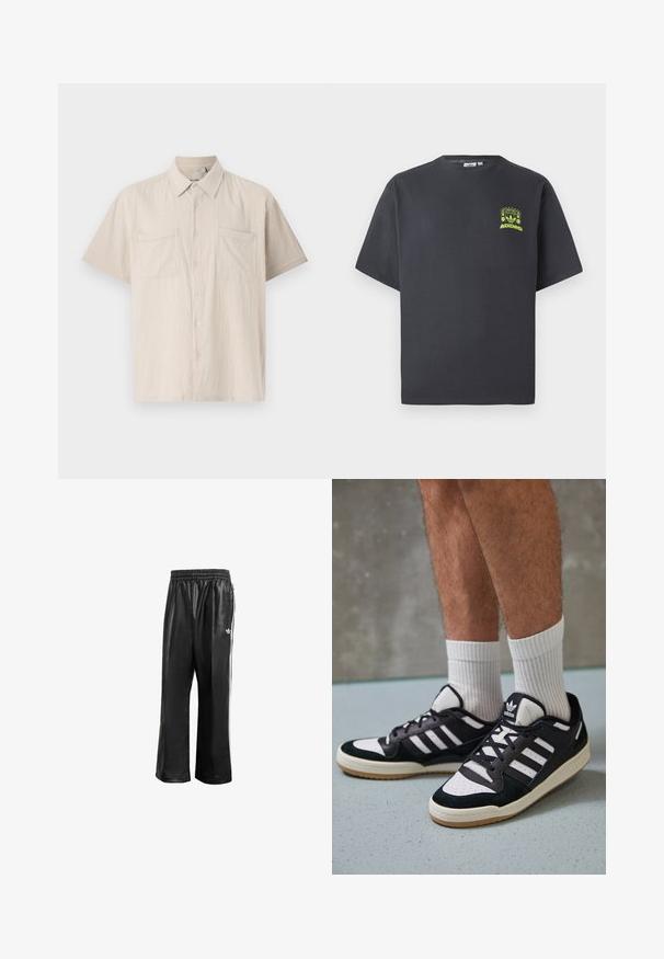 Rövid ujjú gombos ing világos bézs színben, textúrált anyagból, két elülső mellzsebbel és hegyes gallérral.; Sötétszürke Adidas póló rövid ujjakkal, a bal mellrészen egy kis neon zöld grafikával, amely hangszórókat, napot és az Adidas logót ábrázol.; Fekete szintetikus tréningnadrág elasztikus derékkal, fehér oldalcsíkokkal és egy kis fehér logóval a bal csípőn.; Fekete-fehér tornacipők velúr és bőr felsőrésszel, három fehér csíkkal, perforált orral és gumi talppal.