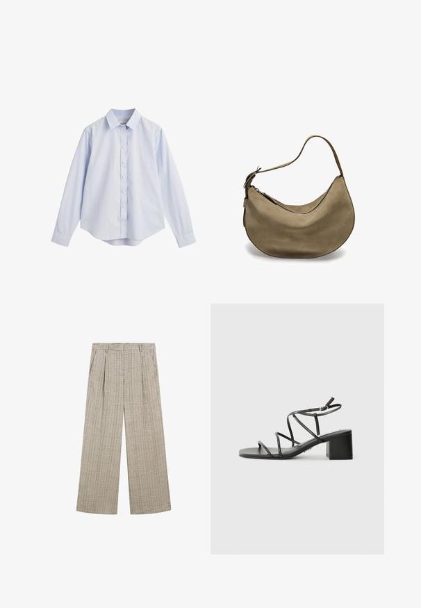 Helles blaues Hemd mit Knopfleiste aus Baumwolle, mit Kragen, langen Ärmeln, Rückenpasse und abgerundetem Saum, verziert mit einem dezenten gestickten Logo.; Beige karierte weit geschnittene Hose aus strukturierter Stoffqualität, mit Frontfalten, seitlichen Taschen und einem Bund für einen sicheren Sitz.; Schwarze Riemchensandalen mit quadratischer Spitze und einem breiten Absatz, aus glattem Material gefertigt. Sie verfügen über verstellbare Knöchelriemen und minimalen Beschlag.; Braune Wildleder-Hobo-Tasche mit geschwungener Form, einfachem Schulterriemen, Reißverschluss und glatter Textur. Schlichtes Design mit minimalen Hardware-Details.
