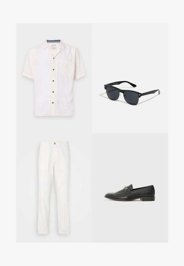 Trumpas rankovės marškinys, pagamintas iš lengvo audinio, kreminės spalvos, su krūtinės kišene ir juodais mygtukais prie priekinės sagos.; Balti audiniai kelnių su tiesiu kirpimu, turinčiais dvi priekinės kišenes ir mygtukų užsegimą. Sklandus paviršius ir tvarkinga dizaino išvaizda.; Juodos odinės loafer tipo bateliai su lygiu paviršiumi, turintys siuvinėtą dizainą ir dekoratyvų metalo grandinėlės akcentą ant batų viršaus. Plokščias kulnas.; Juodos saulės akinių su stačiakampiu rėmeliu, tamsiais lęšiais, sidabrinėmis detalėmis šventrajose ir matinio paviršiaus rėmeliu.