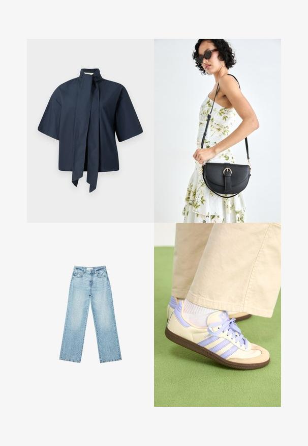 Blusa corta blu navy con maniche corte, colletto alto e un lungo dettaglio a fiocco sul davanti, realizzata in tessuto morbido e leggero.; Jeans larghi in denim blu chiaro a vita alta, caratterizzati da un lavaggio sbiadito e da piccoli dettagli strappati sparsi.; Sneakers crema e lavanda con tre strisce e suola marrone texturizzata, dotati di lacci e tallone imbottito. Parte superiore in tessuto morbido.; Borsa a tracolla nera in pelle con una forma curva, manico rimovibile e accessori dorati. La borsa presenta una patta con un dettaglio a fibbia.