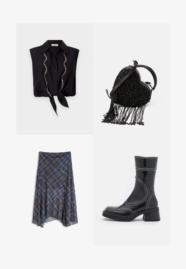 sandro CHEMISE - Blúzka - noir; Čierna kockovaná sukňa s modrými a hnedými prúžkami, voľný strih, stredná dĺžka, vyrobená z ľahkej látky s hladkým povrchom.; Čierne lakované kožené členkové čižmy s bielym prešívaním, zaoblenou špičkou a blokovým podpätkom. Majú zakrivené línie dizajnu a hladkú textúru.; Čierna kabelka v tvare srdca s perleťovým povrchom a strapcami, hladkým koženým uchom a odnímateľným ramenným popruhom.