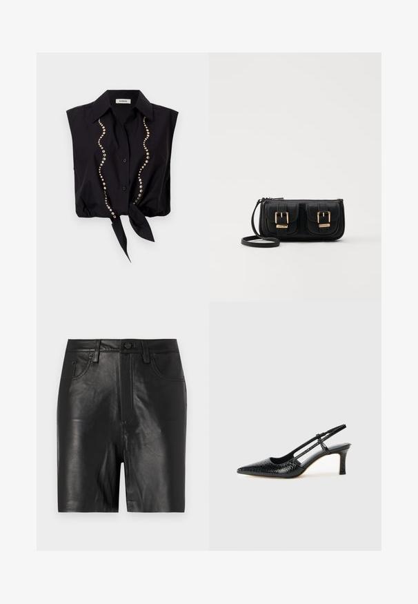 sandro CHEMISE - Blusa - noir; Pantalones cortos de cuero negro con una textura suave, que cuentan con una cremallera frontal, cierre de botón y un diseño clásico de cinco bolsillos.; Tacón slingback negro de charol con punta afilada, que presenta un estampado de serpiente texturizado, correa ajustable y un tacón bloque corto y texturizado.; Bolso cruzado de cuero negro con dos bolsillos frontales, hebillas doradas, cierre de cremallera y una correa delgada. Superficie texturizada y forma rectangular compacta.