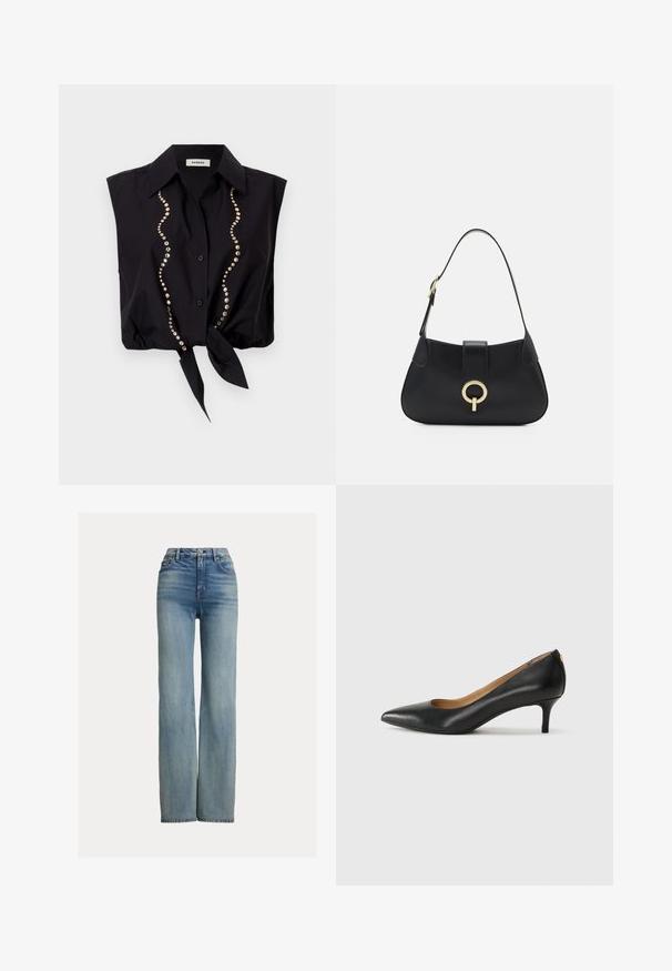 sandro CHEMISE - Palaidinė - noir; Aukšto juosmens tiesiakojinės mėlynos džinsai su priekinių kišenių, diržo kilpelių ir mygtuko uždarymu, turintys subtilius išblukimo akcentus.; Juodos odinės aukštakulnės bateliai su smailiu nosiu, žemu kulnu ir lygiu paviršiumi. Priekyje yra nedidelis atvirumas, o gale minimalus apdaila.; Juoda odinė rankinė su kreiva siluetu, trumpa rankena, centriniu auksinės spalvos apdailos elementu ir lygiomis tekstūromis. Nėra matomų raštų ar akcentų.