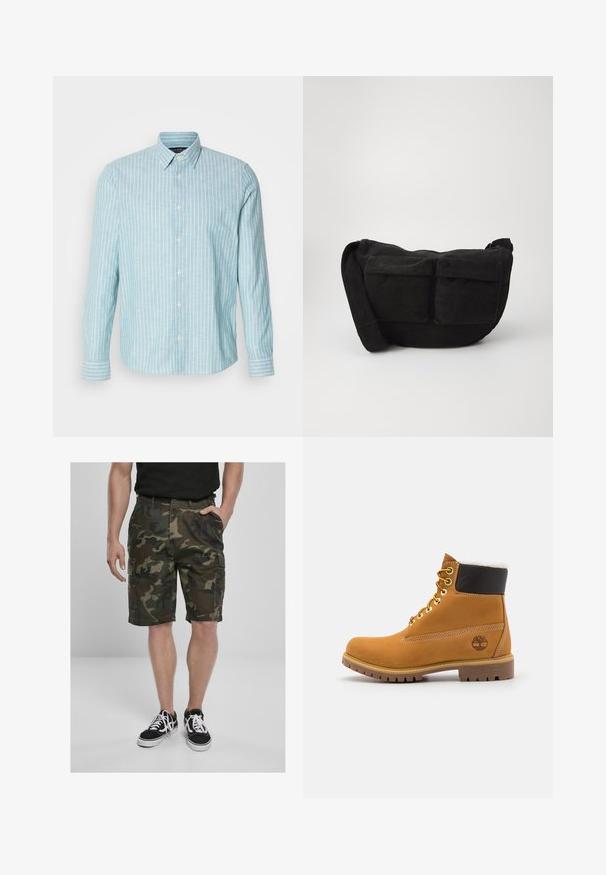Svetlomodrá košeľa s dlhým rukávom a bielymi vertikálnymi pruhmi, s klasickým golierom a gombíkovým zapínaním. Mäkká textúra, ležérny dizajn.; Maskáľové cargo šortky s cargo vreckami, vyrobené z tkaniny v zelených a hnedých odtieňoch. V kombinácii s čiernymi teniskami s bielymi šnúrkami.; Hnedé kožené ankle boot s kovovými očkami, bielym kožúškom vo vnútri, čiernym vypolstrovaným golierom, robustnou podrážkou a vyrazeným logom na boku.; Čierna kordurová crossbody taška s nastaviteľným popruhom, obsahujúca predné vrecká a mäkkú textúru. Kompaktný dizajn s minimálnym zdobením.