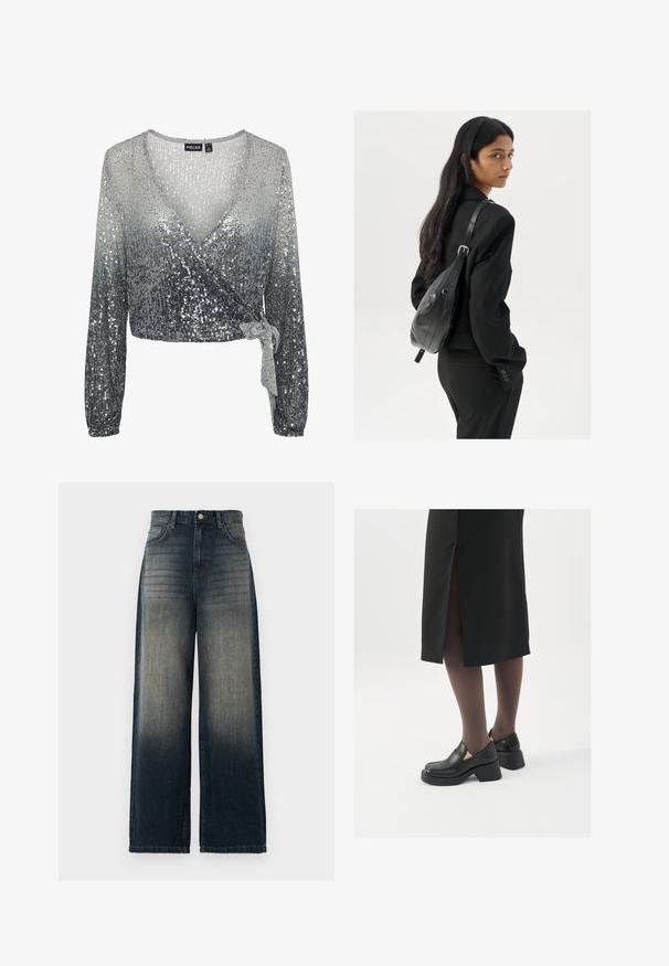 Sudrabainiem, sekvīnu rotājumiem greznota apakšveļa ar garām piedurknēm, kurai ir ombre efekts no gaiši sudrabainas uz tumši sudrabainu, un jostas daļā ir sasienama detaļa.; Platas kājas džinsi tumši denima krāsā, ar izbalējušu gradientu no tumšā līdz gaišajam, pieci kabatas un kontrastējošas šuves detaļas.; Melni ādas apavi ar noapaļotu purngalu, biezām bloku papēžiem un elastīgiem sānu akcentiem, apvienoti ar tumšām zeķubiksēm un melnu svārku ar šķirbu.; Sieviete ar garām tumšām matiem, ģērbusies melnā uzvalkā, nēsā melnu ādas plecu somu un skatās pāri plecam uz balta fona.