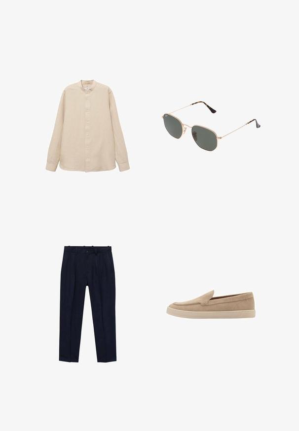 Camicia di lino beige a maniche lunghe con colletto alla cinese, patta con bottoni frontale e orlo dritto; texture liscia e design leggero.; Pantaloni navy realizzati in tessuto liscio, con un fit leggermente sagomato, pieghe frontali, passanti per cintura e chiusura a un bottone.; Scarpa slip-on in suede beige con punta arrotondata e dettagli cuciti. Suola in gomma chiara con design a profilo basso.; Occhiali da sole con montatura in metallo dorato e lenti verde scuro, stile aviator, con aste sottili e dettagli in tartaruga sulle punte.