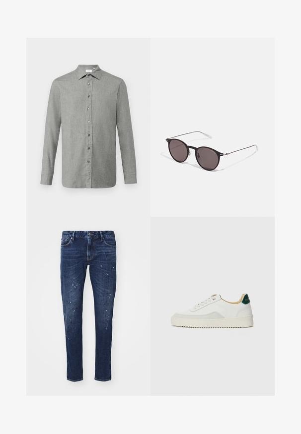 Světle šedá košile na knoflíky vyrobená z texturované tkaniny, s klasickým límcem, dlouhými rukávy a šedými knoflíky na přední straně.; Tmavě modré džíny s úzkým střihem, které mají skvrny od barvy, viditelné švy a standardní pětikošíkový design. Rovný střih nohavic.; Bílé tenisky se semišovými prvky, kulatou špičkou, plochými tkaničkami a krémovou gumovou podrážkou. Na patě mají zelené logo.; Černé kulaté sluneční brýle s tmavými skly a tenkými kovovými nohami. Obsahují průhledné koncovky nožiček a stříbrné akcenty na pantu. Minimalistický design.