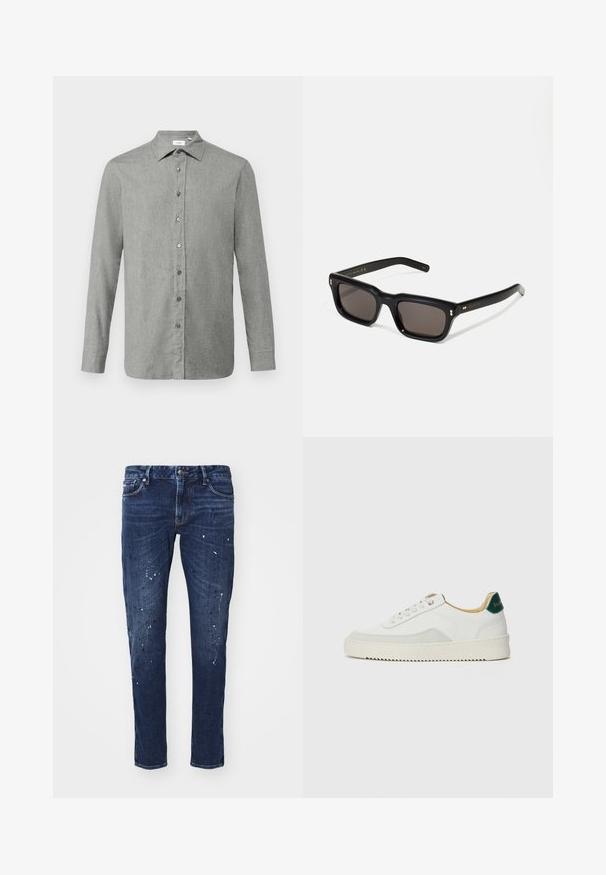 Gai pelēks pogājamais krekls, kas izgatavots no teksturēta auduma, ar klasisku apkakli, garām piedurknēm un pelēkām pogām priekšpusē.; Tumši zilo denima džinsi ar šauru piegriezumu, kas rotāti ar krāsas traipiem, redzamām šuvēm un standarta piecu kabatu dizainu. Taisnas kājas piegriezums.; Baltas sneakers ar zamša akcentiem, noapaļota purngala, plakaniem auklām un krēmkrāsas gumijas zoli. Ar zaļu zīmolu uz papēža.; Melnas taisnstūra formas saulesbrilles ar tumšiem stikliem, bieza plastmasas rāmja, zelta akcenti pie tempļiem un zīmola logo iegravēts roku daļā.