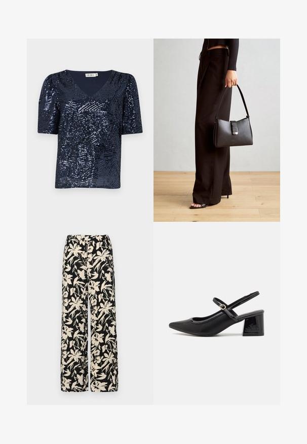 Mørkeblå kortermet V-hals topp, dekket med paljetter og med et teksturert mønster, med en løs passform og lett puffede ermer.; Sorte vide bukser med et cremet blomster mønster. Fremstillet af letvægtsstof, med en glat tekstur og en høj talje.; Sorte lakk lær slingback hæler med spiss tå, et avrundet utskjæringsdesign og blokkheel. Har en gulltone spenne som detalj.; Svart håndveske med strukturert form, jevn tekstur og metallisk lås. Kombinert med brede svarte bukser og sandaler med åpen tå på tregulv.