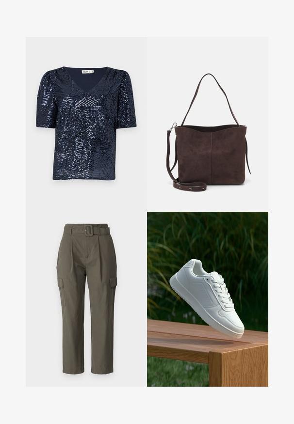 Mørkeblå kortermet V-hals topp, dekket med paljetter og med et teksturert mønster, med en løs passform og lett puffede ermer.; Cargo-bukser i olivengrøn, lavet af letvægtsstof. Funktioner omfatter en bæltestrop i taljen, frontfolder og sidelommer med flaplukninger.; Hvite sneakers med en glatt syntetisk overdel, perforert tåboks, flate snørebånd og en teksturert såle, vist på en treflate.; Brun semsket stoff tote-veske med en myk tekstur, som har en enkelt skulderrem og en subtil buet toppåpning. Ingen synlige maskindetaljer.