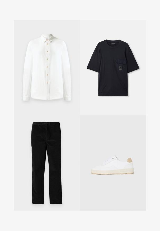 Hvit langermet skjorte med knapper laget av mykt stoff, med klassisk krage, en rad med runde brune knapper, og knappedetaljer på ermene.; Svart kortermet t-skjorte med rund hals og klaffelomme på venstre bryst, med et lite rektangulært logomerke.; Sorte rette fløyelsbukser med elastisk midjebånd og frontstramming, vist mot en enkel hvit bakgrunn.; Hvite lave sneakers med overdel i teksturert skinn, kremfarget såle med ribber og en brunt fargeklatt på hælen. Har hvite lisser og logodetalj på hælen.