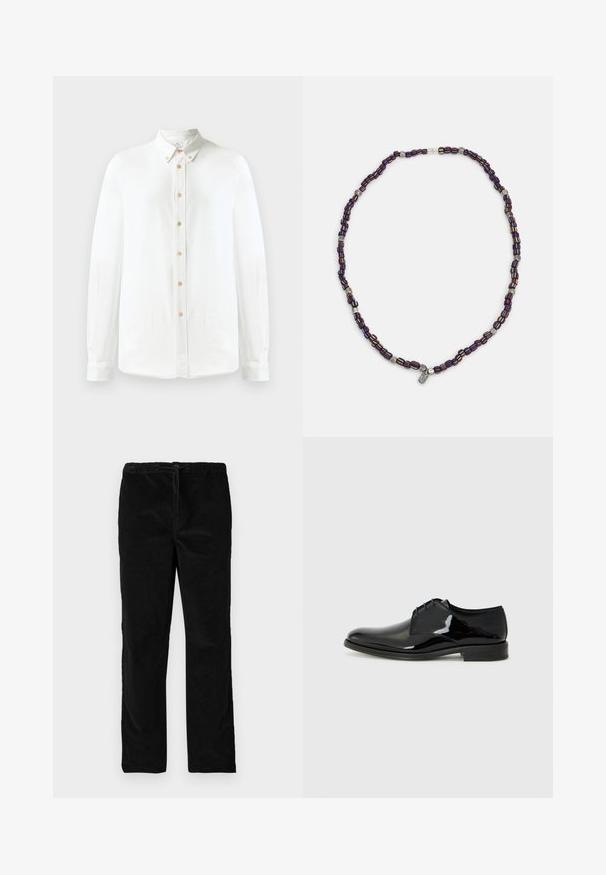 Balta, garenrokas, pogājama krekls, izgatavots no mīkstas auduma, ar klasisku apkakli, apli no brūnām pogām un pogātām aprocēm.; Melnas taisnas kājas samta bikses ar elastīgu jostasvietu un priekšējo auklu, attēlotas uz vienkārša balta fona.; Melnas svinību kurpes ar spīdīgu lakotu ādas apdari, noapaļota purngala forma un ārējā šuvē. Iezīmējas ar zemu papēdi un auklu aizdari.; Daudzkrāsains pērļu kaklarota ar tumši ziliem, sarkaniem un dzelteniem pērliem, starp kuriem ir sudraba akcenti un karājoša piekariņa.