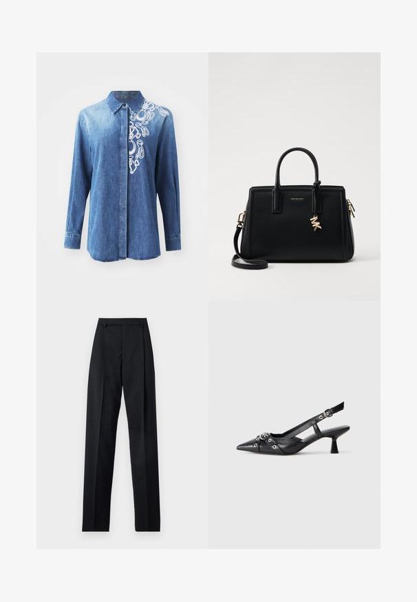 Denimkék ing hosszú ujjakkal, gombos elejével és fehér absztrakt hímzéssel a jobb vállon. Sima textúrájú, klasszikus gallérral.; Fekete nadrág sima anyagból, magas derékkal, széles lábakkal, elülső redőkkel és klasszikus övhurkokkal. Oldalzsebek nem láthatók.; Fekete bőr slingback cipő hegyes orral, dekoratív pántokkal, fém szemekkel és alacsony blokk sarkú. Texturált felület.; Fekete bőr kézitáska strukturált dizájnnal, dupla felső fogantyúkkal, levehető vállpánttal, arany színű fémrészletekkel és logómedál díszítéssel.