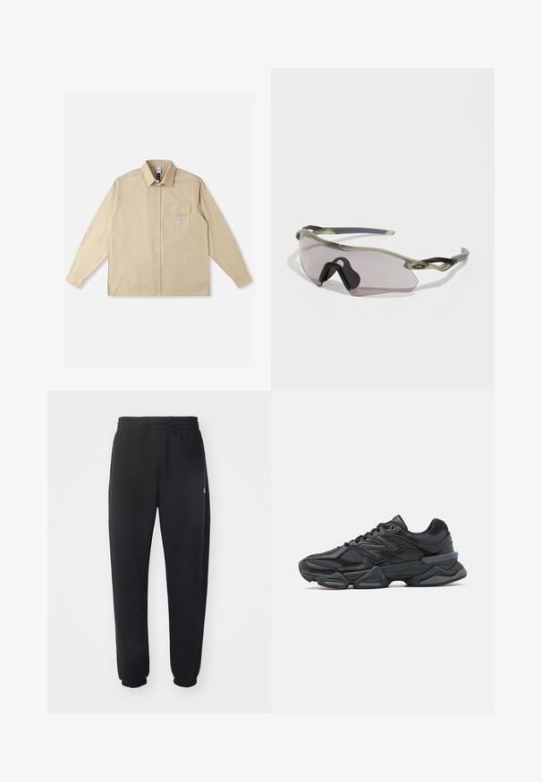 Camisa bege de manga comprida em tecido de algodão, com gola clássica, fecho frontal com botões, bolso único no peito e patch da marca no bolso.; Calças de treino pretas feitas de material suave, com cintura elástica, cordão e punhos ajustados, apresentando um logótipo discreto na lateral.; Sapato de corrida preto com uma combinação de malha e materiais sintéticos, sola robusta, design curvado e uma marca de destaque na lateral.; Óculos de sol com uma armação cinza translúcida, lentes com tonalidade e design angular. Apresenta um suporte nasal distinto e hastes em cinza escuro texturizado.