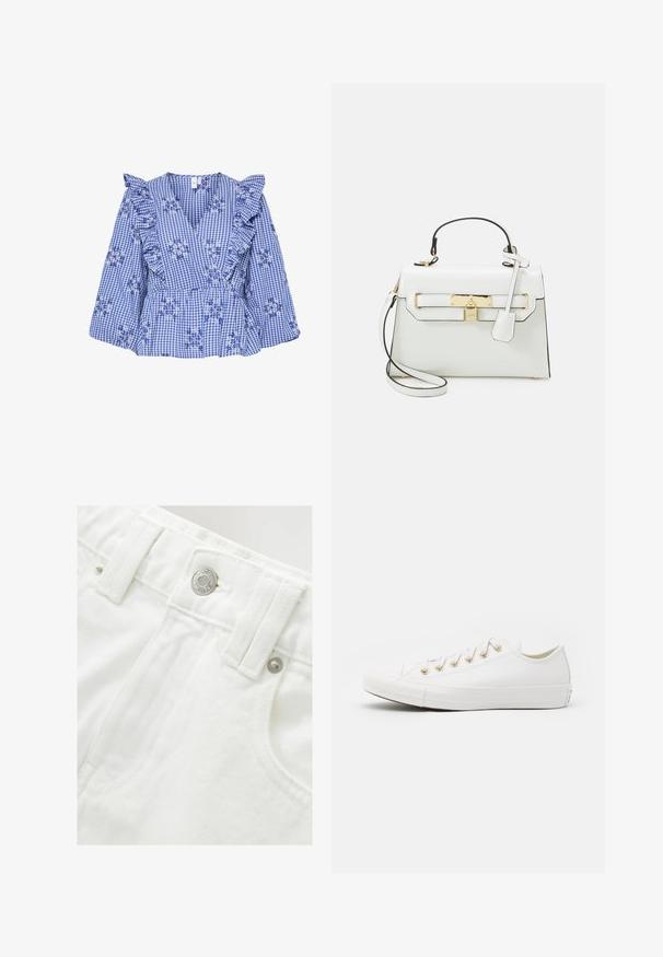 Blusa azzurra a quadretti con maniche a volant, ricamo floreale, scollatura a V e vita peplum. Tessuto di cotone con motivo a quadretti.; Shorts in denim bianco con vita strutturata, dettaglio del bottone argentato e tessuto testurizzato. Presentano tasche frontali e una cucitura ordinata.; Converse CHUCK TAYLOR ALL STAR - Sneakers basse - vintage white/light gold; Borsa bianca con texture al coccodrillo, hardware dorato, manico superiore e tracolla removibile; presenta una chiusura a lucchetto e un design minimal.