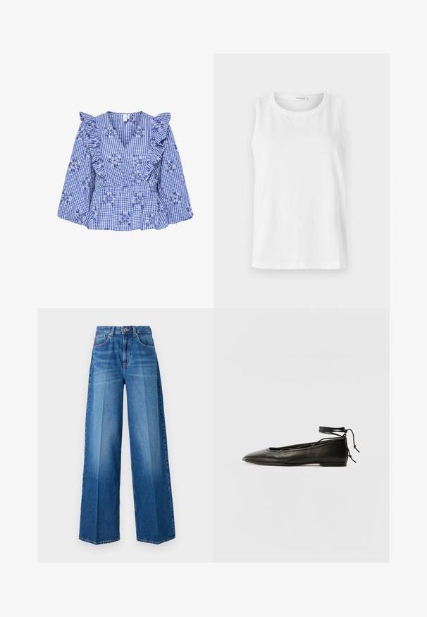Blouse en vichy bleu avec des manches à volants, broderie florale, décolleté en V et taille peplum. Tissu en coton avec un motif à carreaux.; Haut sans manches blanc en coton doux. Présente un col rond et une coupe droite. Design uni sans motifs ni accents visibles.; Jean en denim à jambes larges de couleur bleu moyen, avec un design classique à cinq poches, des passants de ceinture et une fermeture éclair.; Ballerines noires en cuir avec un bout pointu, une attache à la cheville et une semelle plate, caractérisées par une texture lisse et un design minimaliste.