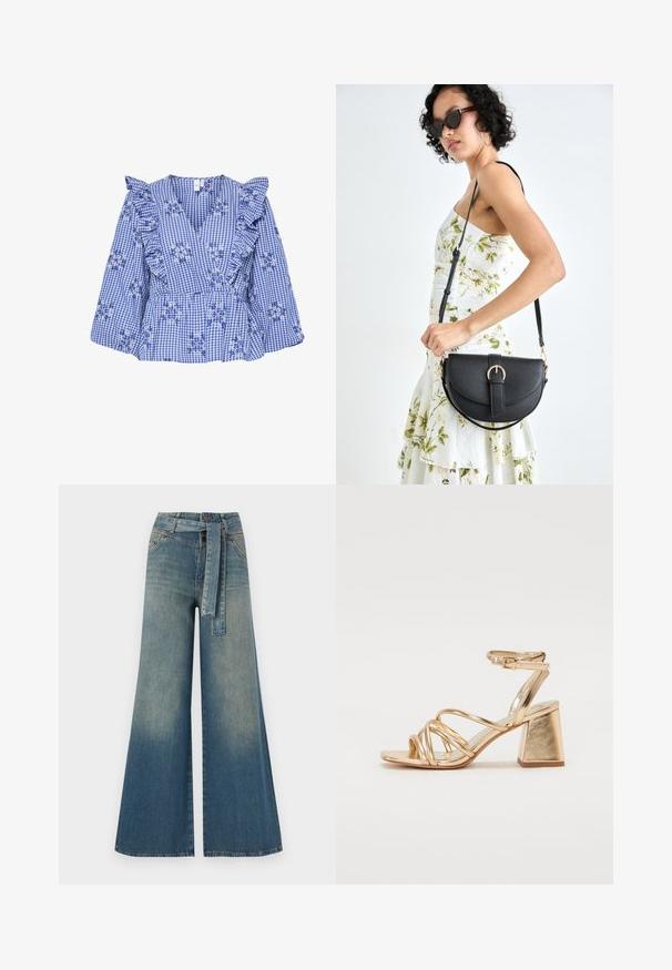 Plava karirana bluza s volanima na rukavima, cvjetnim vezom, V-izrezom i peplum strukom. Pamuk s kariranim uzorkom.; Široke traperice s gradijentom od svijetloplave do tamnoplave, visokog struka, petljama za remen i remenom od istog materijala. Teksturirana traper tkanina.; Zlatne metalik sandale s potpeticom koje imaju dizajn s trakama, kvadratnu blok potpeticu i podesivu naramenicu s kopčom. Glatka tekstura.; Crna kožna torba s lukovitim oblikom, odvojivim remenom i zlatnim detaljima. Torba ima preklop s kopčom.