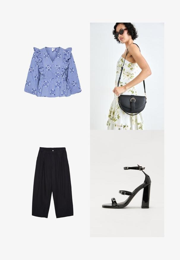 Plava karirana bluza s volanima na rukavima, cvjetnim vezom, V-izrezom i peplum strukom. Pamuk s kariranim uzorkom.; Crne poliester hlače culotte s elastičnim pojasom, dva prednja nabora i širokim krojem. Nema vidljivih uzoraka ili metalnih detalja.; Crne lakirane sandale na visoku petu s dva remena s kopčama, kvadratnim vrhom i masivnom blok petom, s glatkom, sjajnom teksturom.; Crna kožna torba s lukovitim oblikom, odvojivim remenom i zlatnim detaljima. Torba ima preklop s kopčom.