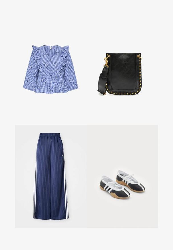 Blå gingham bluse med flagrende ærmer, blomsterbroderi, V-hals og peplum talje. Bomuldsstof med et ternet mønster.; Mørkeblå brede bukser med lodrette hvide striber, elastisk talje og tre hvide striber langs hver side, lavet af et let materiale.; Sort-hvide sportsko med et slankt design, gummisål, snørebåndslukning og tre hvide striber på siden.; Sort læderhåndtaske med guldnitter langs kanterne, flad form og justerbar rem med en guldhardwareklips.