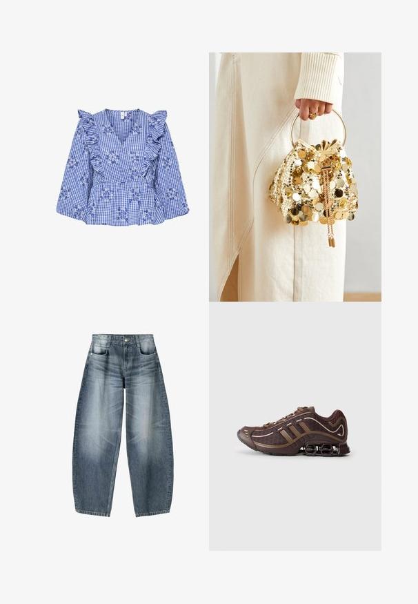 Modra gingham bluzica z nabranimi rokavi, cvetličnim vezenjem, V-izrezom in peplum pasom. Bombažna tkanina s karirastim vzorcem.; Široke kavbojke iz svetlo modrega denima s postopnim zbledeljem, z zasnovo petih žepov, gumbom za zapiranje in minimalnimi podrobnostmi šivanja.; Rjava športna čevlja z mrežasto in sintetično zgornjimi deli, ki imata tri črte, podrobno šivanje, oblazinjen podplat in značilno elastično peto.; Zlatna torba s cirkonima na povlačenje s kružnom drškom, koja sadrži sjajne okrugle cirkone i teksturiranu tkaninu. Dimenzije nisu navedene.