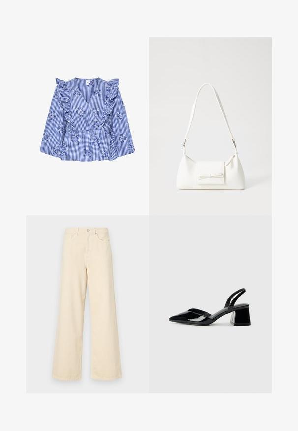 Sinine kootud pluus rüüplike käistega, lillelise tikandiga, V-kaelusega ja pärja vöökohaga. Puuvillane kangas ruudulise mustriga.; Bežid laiad teksad, mis on valmistatud puuvillast. Omab nööbilukku, vöökohakujusid ja eesmine taskuid, millel on sile ja pehme tekstuur.; Mustad musta lakknahk kingad, millel on terav varvas ja geomeetriline plokkkonts. Omab elegantselt minimalistlikku disaini ja sujuvat tekstuuri.; Valge sünteetilisest materjalist kott kolmnurkse kujuga, lame esiklapiga ja kaaredetailiga, reguleeritava rihmaga, sileda tekstuuriga ja minimalistliku disainiga.