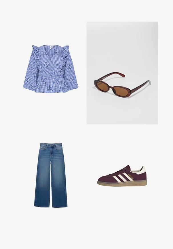 Blauwe geruite blouse met ruches aan de mouwen, bloemmotieven, V-hals en peplum taille. Katoenen stof met een ruitpatroon.; Wijde blauwe denim jeans met een hoge taille, gestikte accenten en een eenvoudig ontwerp met een lichte vervagingseffect.; Bordeauxsuède sneaker met witte drie strepen en beige accenten. Voorzien van een gestructureerde rubberen zool en gouden branding aan de zijkant.; Ronde, bruin getinte zonnebril met een glanzend bordeauxrood frame. Slanke pootjes met subtiele merkdetails. Vlakke lensontwerp.; Bruine geweven leren handtas met een slonzig, driehoekig model. Voorzien van een gevlochten handvat en een ritssluiting aan de bovenkant.